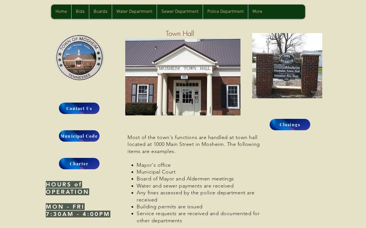 Mosheim warrant records: Town Hall hours and Municipal Court location