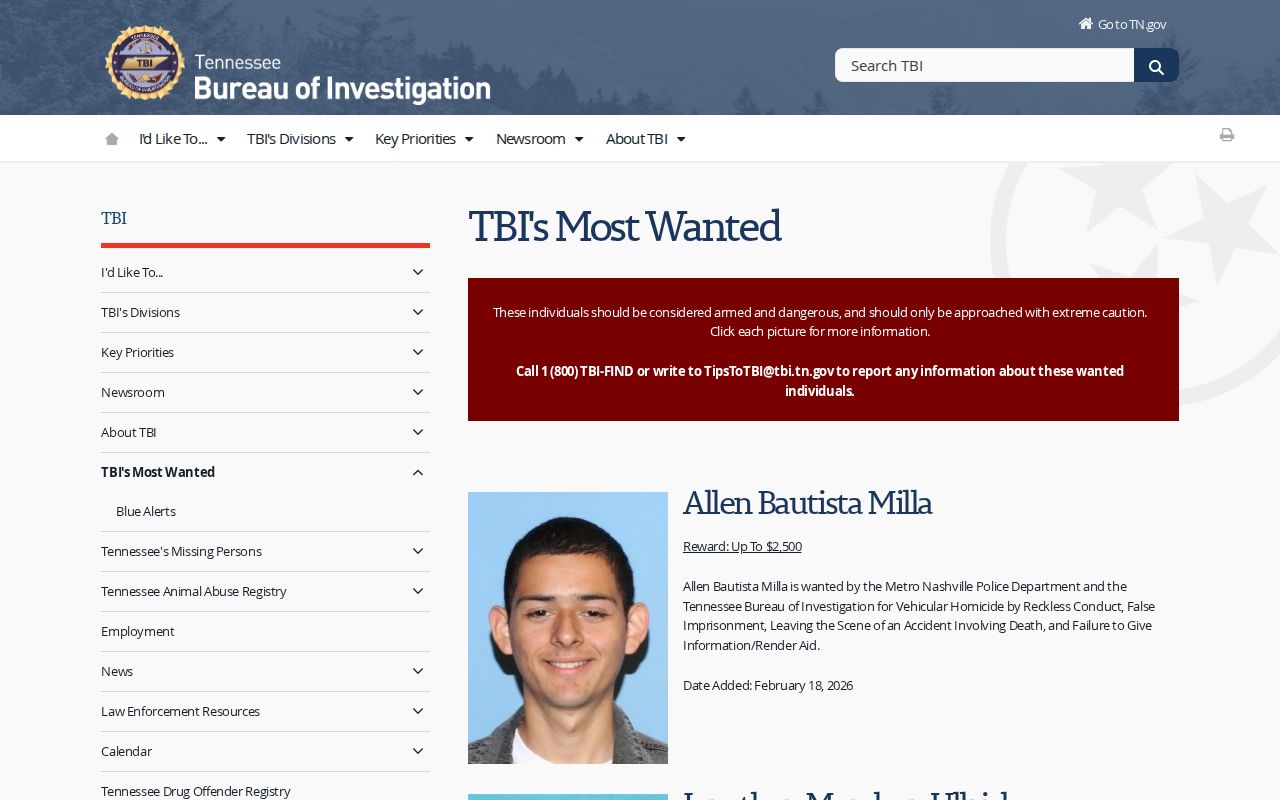 Greene County most wanted information: TBI program criteria and public tip instructions